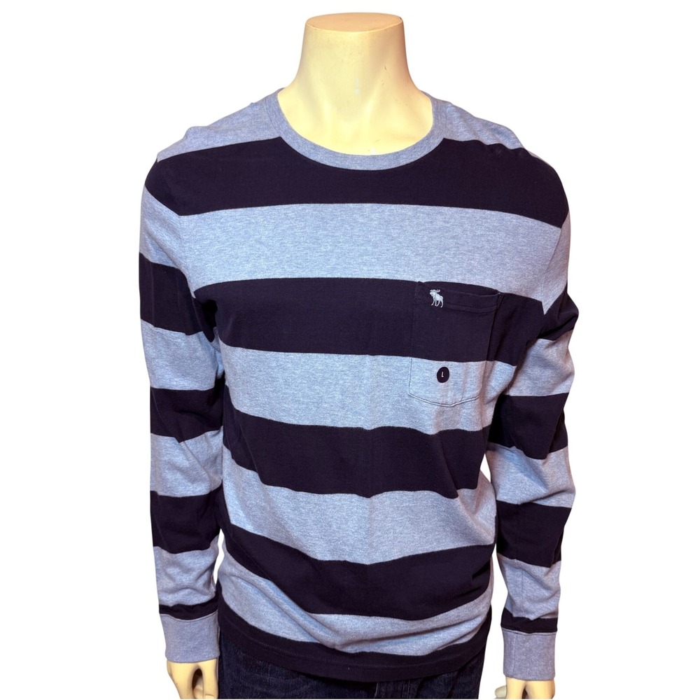 Abercrombie & Fitch Mens Large Long Sleeve Striped Pocket T-Shirt Navy Blue L